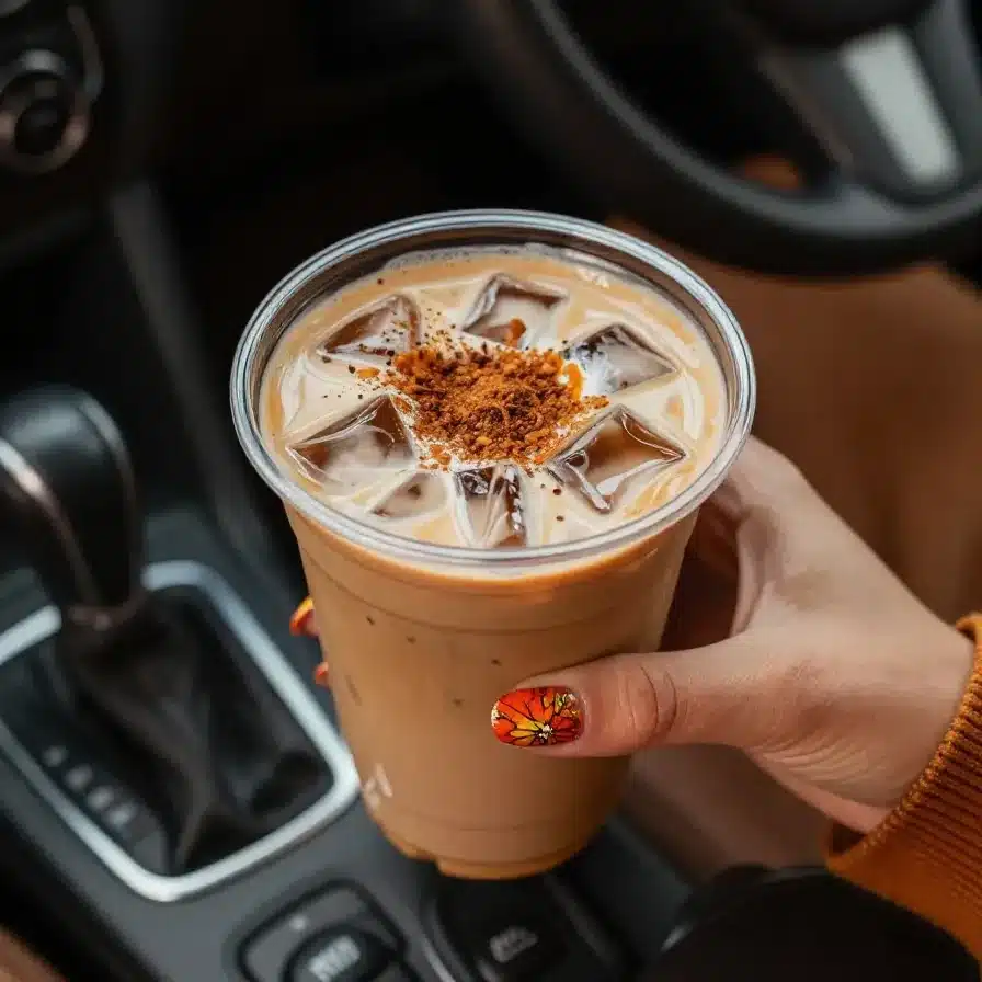Vegan Pumpkin Spice Coffee 5 A steaming cup of vegan pumpkin spice coffee topped with frothy almond milk and cinnamon.