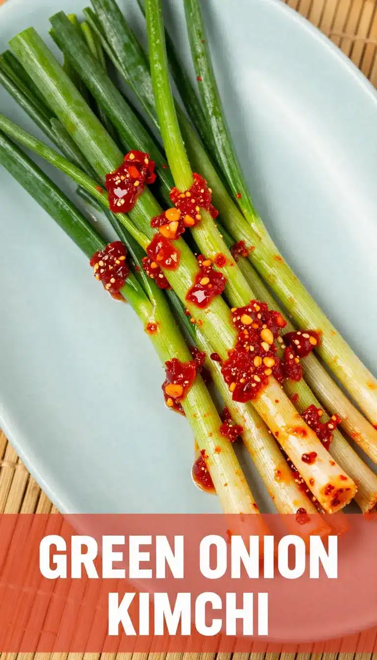 A close-up of Garlic Chive Kimchi (Buchu Kimchi) in a white bowl, showcasing vibrant green chives and red seasoning.