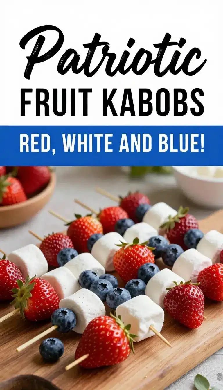 Colorful fruit kabobs featuring strawberries, blueberries, and bananas arranged in red, white, and blue pattern