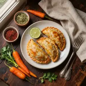 A plate of golden-brown vegan Filipino empanadas filled with vegetables and spices.