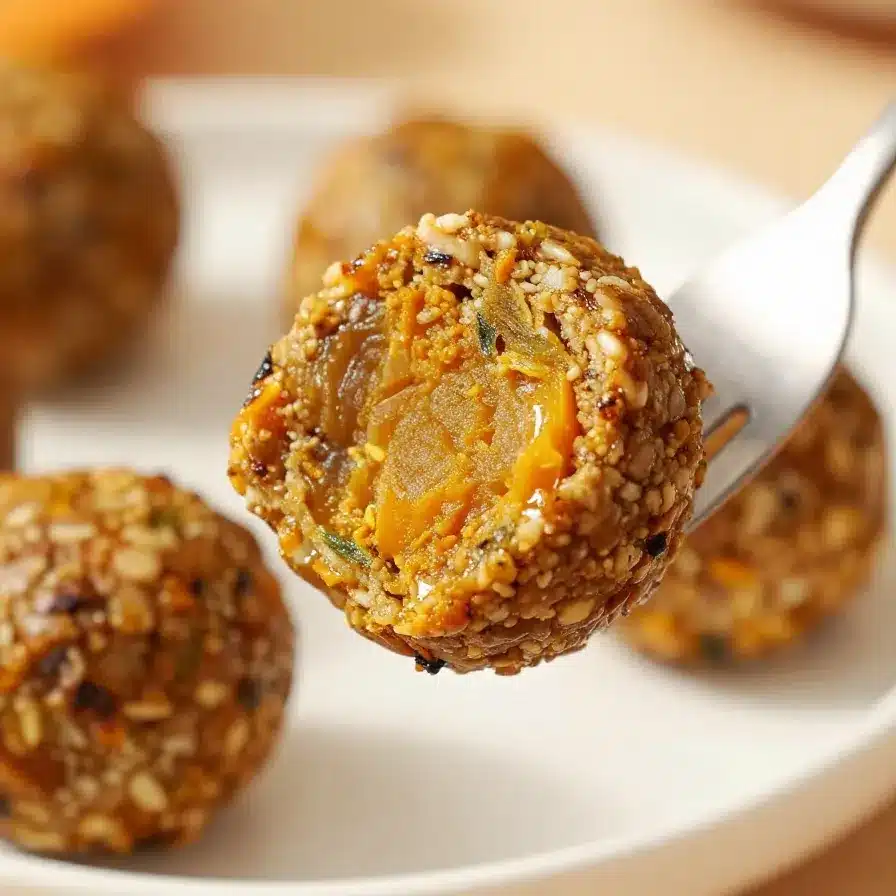 Close-up of gluten-free and vegan pumpkin protein balls arranged on a wooden plate.