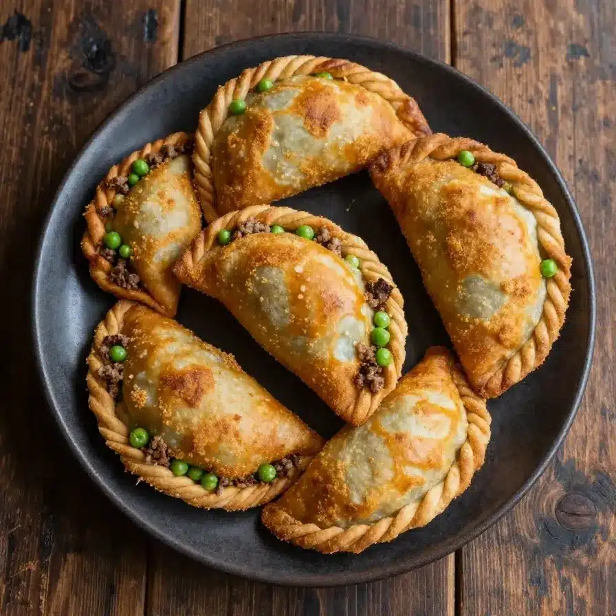 Vegan Filipino Empanadas 5 A plate of golden-brown vegan Filipino empanadas filled with vegetables and spices.