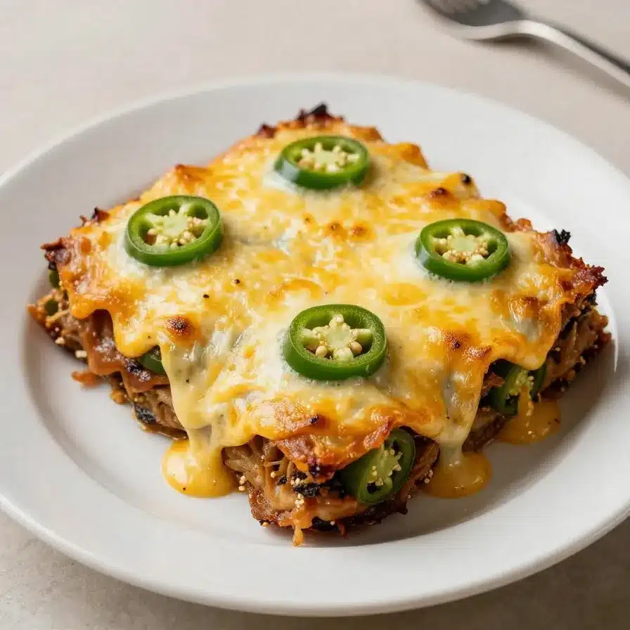 Chili Relleno Casserole 5 A freshly baked chili relleno casserole served in a glass dish.