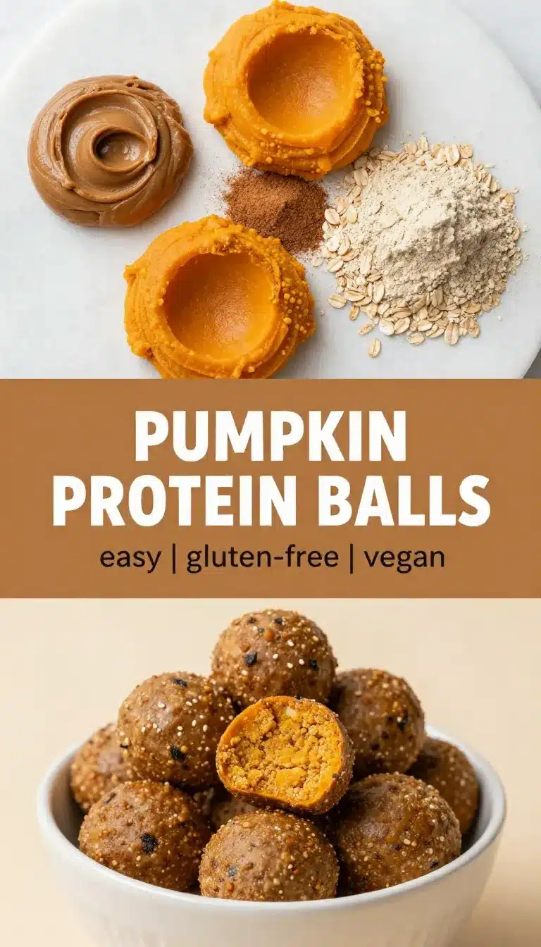 Close-up of gluten-free and vegan pumpkin protein balls arranged on a wooden plate.