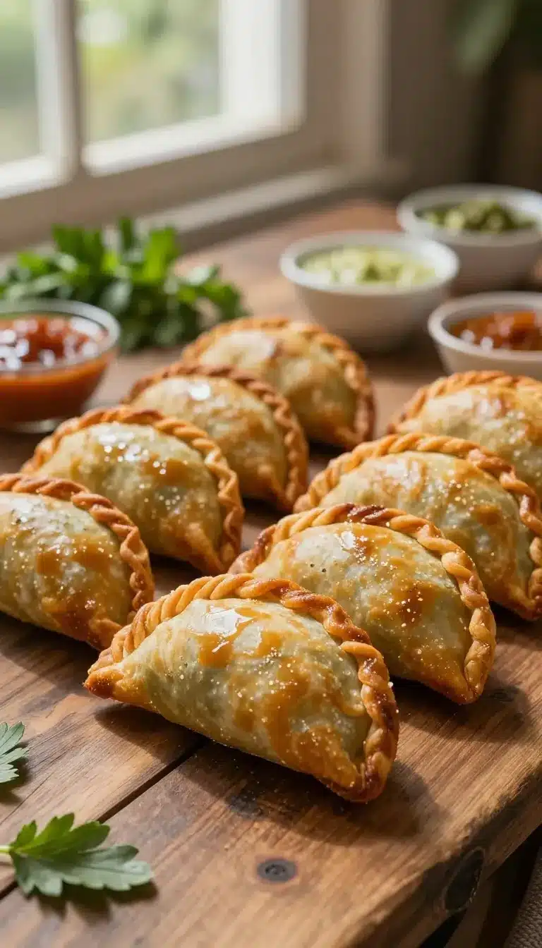 Vegan Filipino Empanadas 9 A plate of golden-brown vegan Filipino empanadas filled with vegetables and spices.