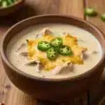 Creamy Green Enchiladas Chicken Soup Recipe 3 A bowl of creamy green enchiladas chicken soup garnished with fresh cilantro and lime wedges.