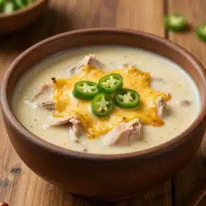 A bowl of creamy green enchiladas chicken soup garnished with fresh cilantro and lime wedges.