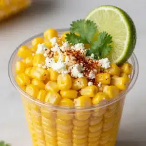 A cup filled with creamy Mexican street corn esquites topped with fresh cilantro and chili powder.