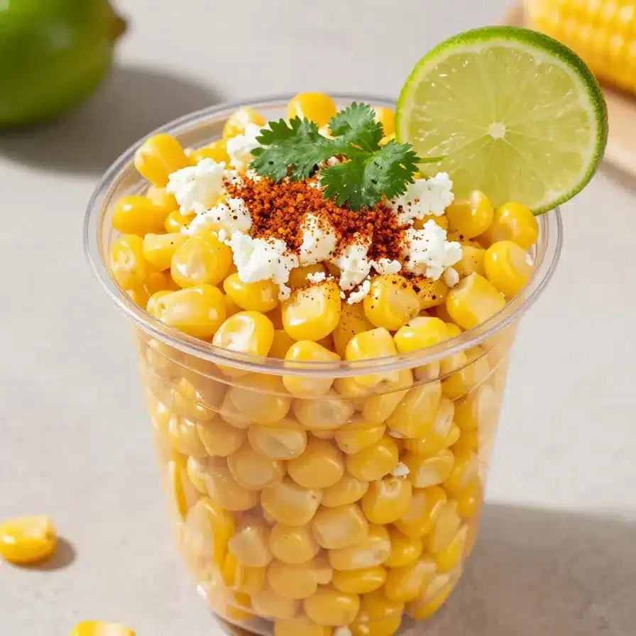 A cup filled with creamy Mexican street corn esquites topped with fresh cilantro and chili powder.