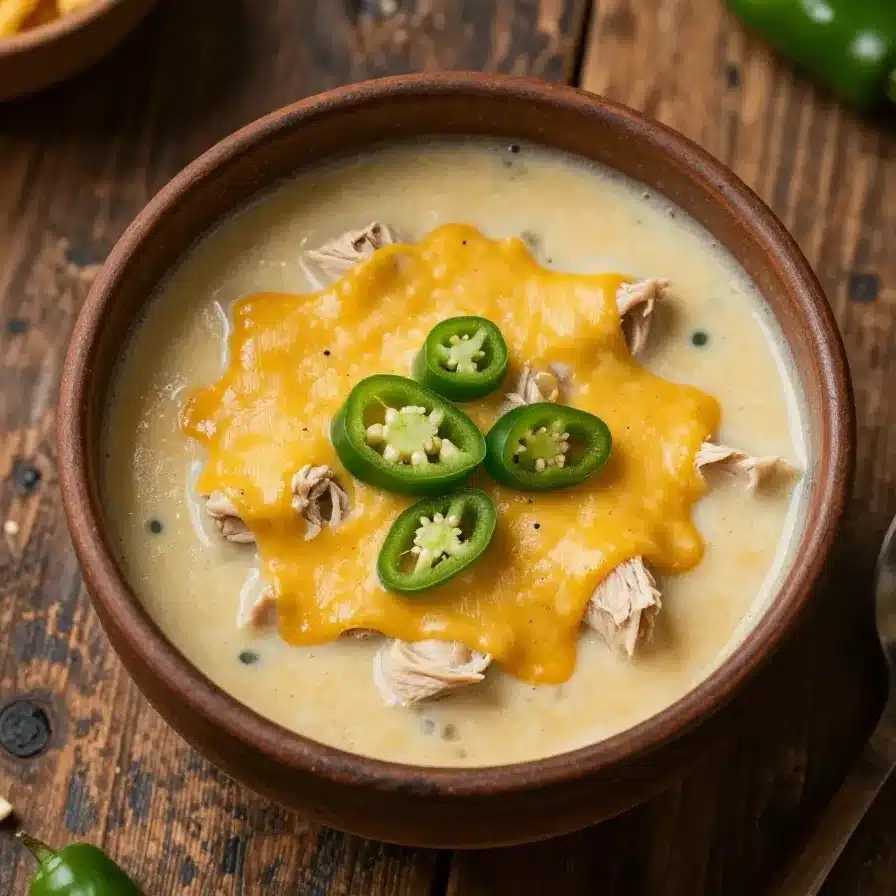 A bowl of creamy green enchiladas chicken soup garnished with fresh cilantro and lime wedges.