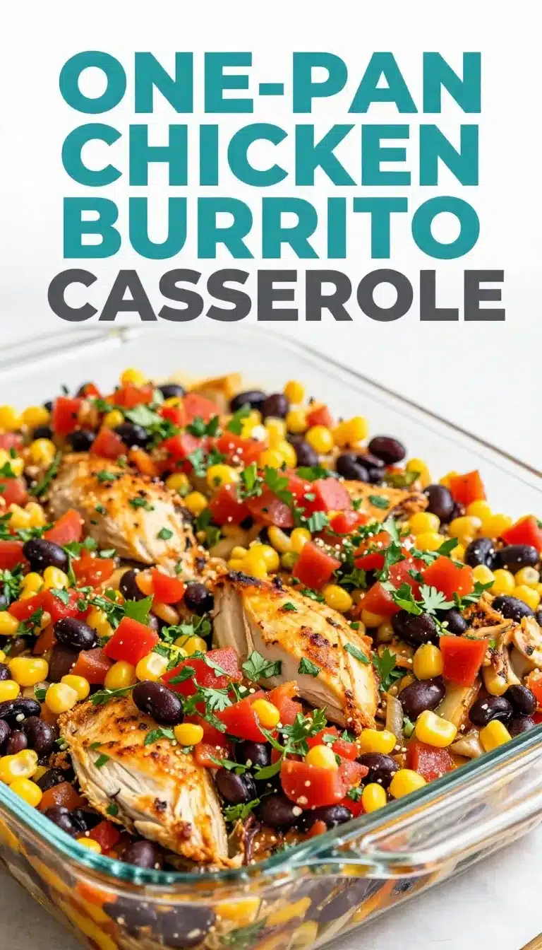 Easy Chicken Burrito Casserole Recipe 9 A freshly baked chicken burrito casserole topped with melted cheese and garnished with cilantro.