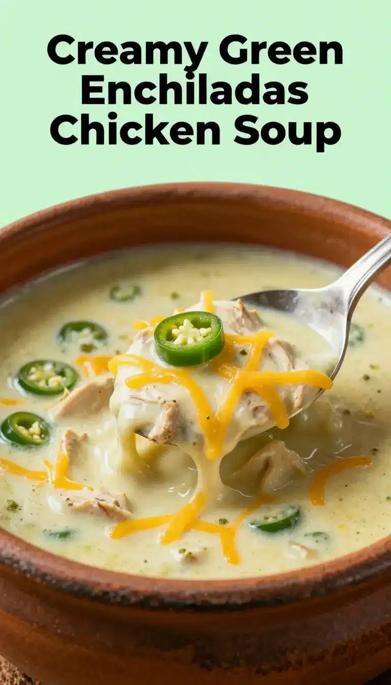 A bowl of creamy green enchiladas chicken soup garnished with fresh cilantro and lime wedges.