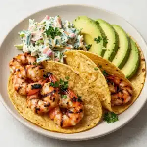 Freshly prepared shrimp tacos served on a wooden plate with lime wedges and cilantro.