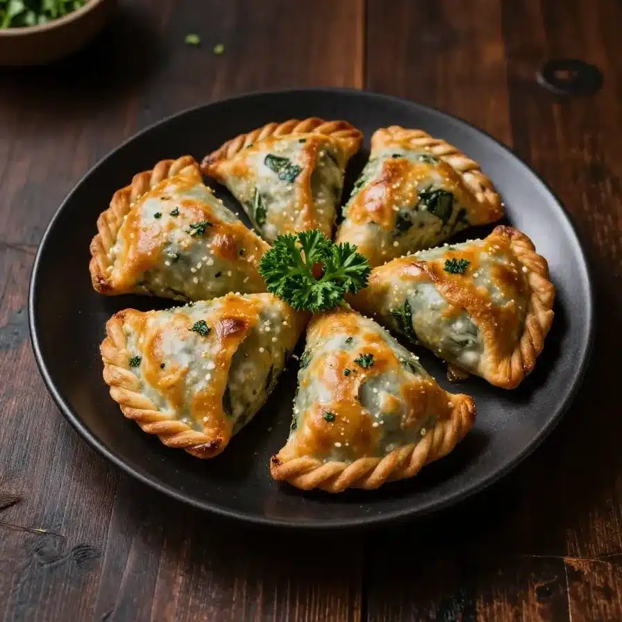 A close-up of freshly baked Argentine spinach empanadas on a wooden table.