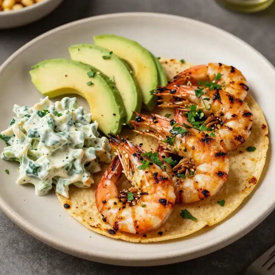 Freshly prepared shrimp tacos served on a wooden plate with lime wedges and cilantro.