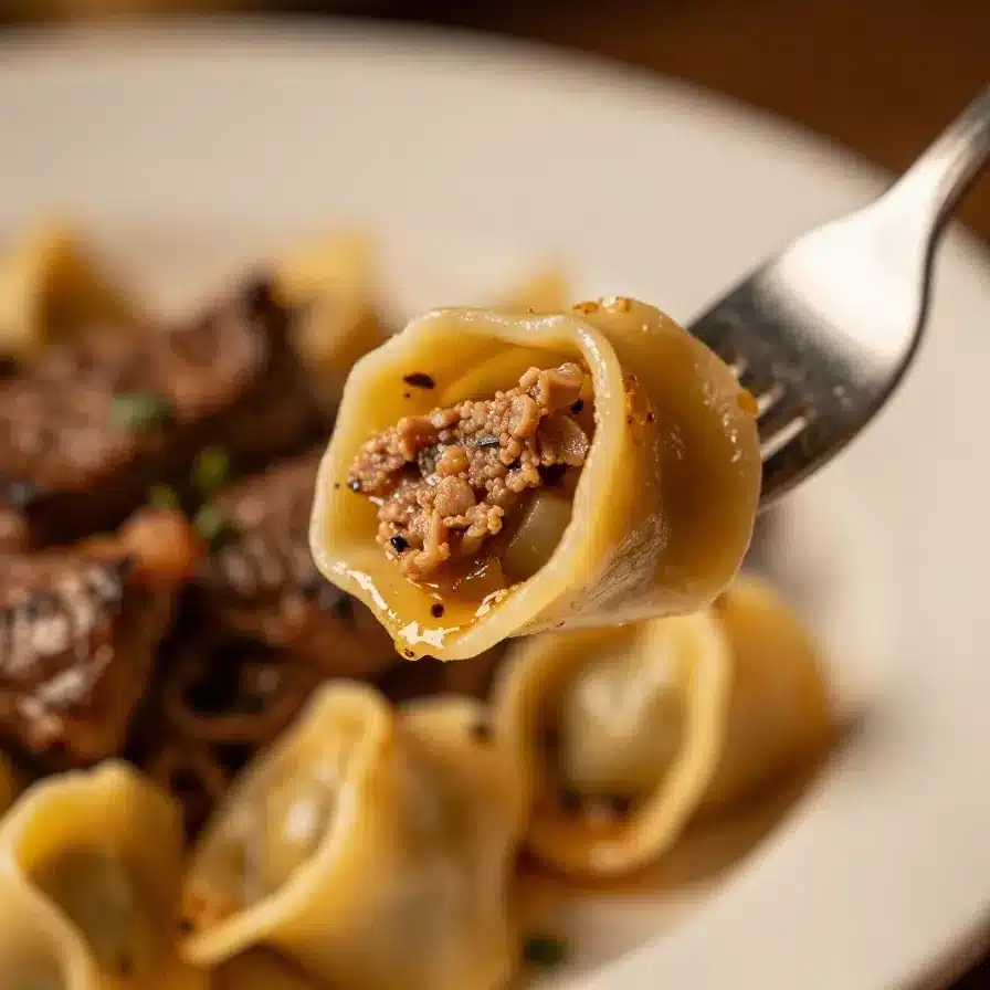 Garlic Steak Tortellini 5 A plate of garlic steak tortellini garnished with fresh parsley.
