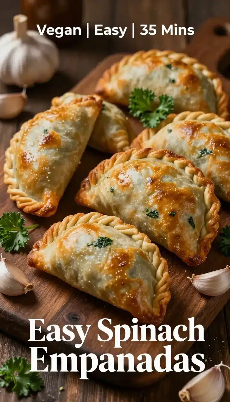 A close-up of freshly baked Argentine spinach empanadas on a wooden table.