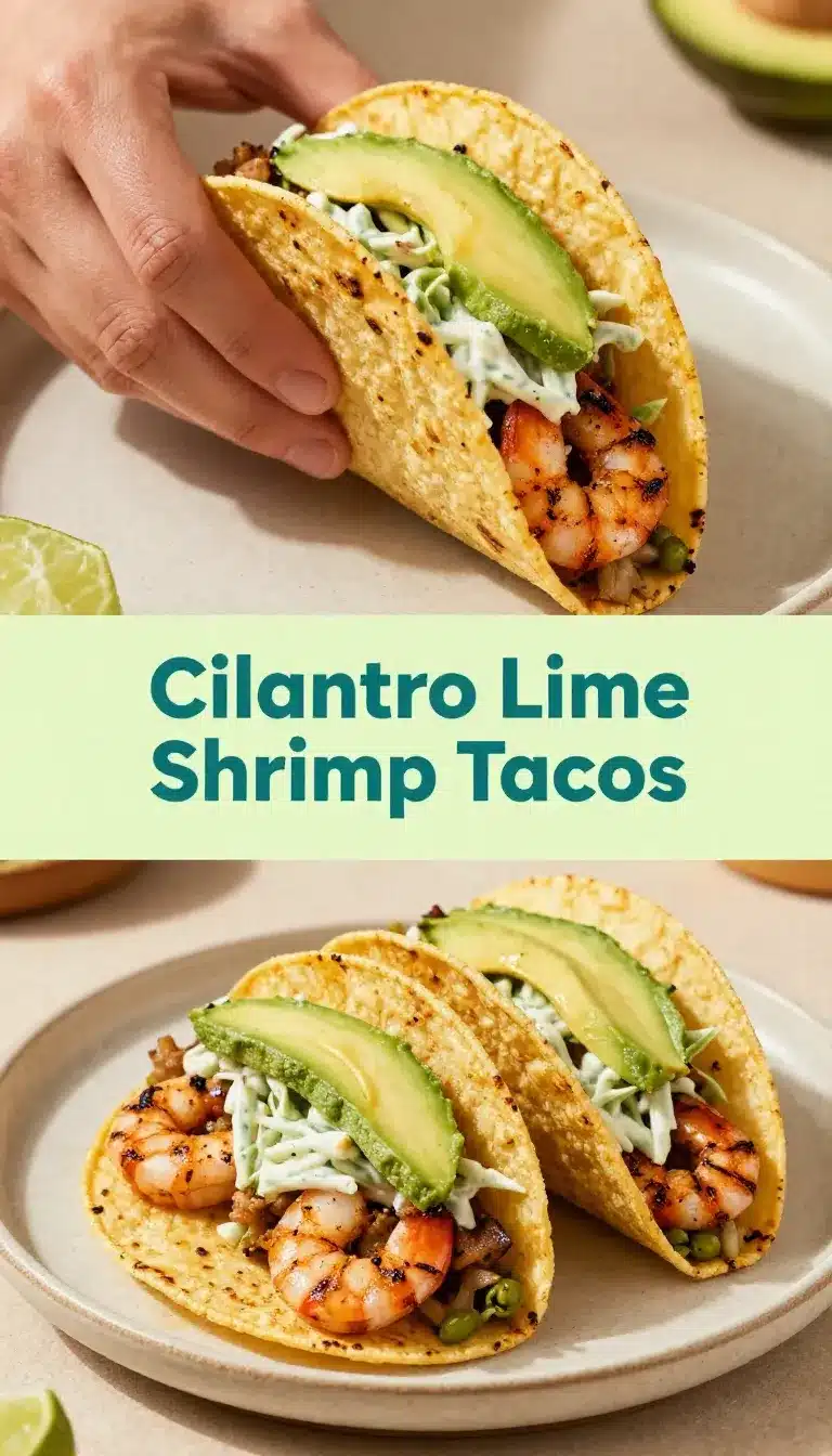 Freshly prepared shrimp tacos served on a wooden plate with lime wedges and cilantro.