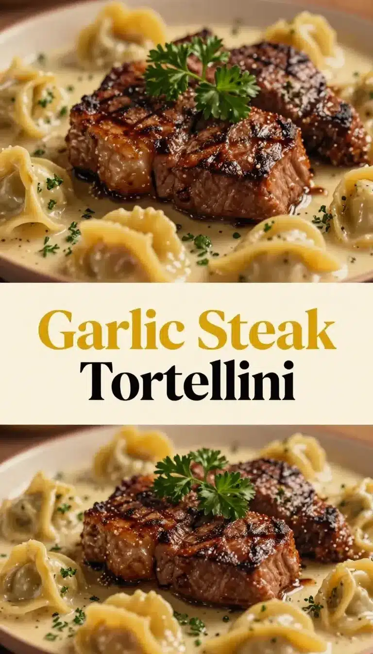 Garlic Steak Tortellini 9 A plate of garlic steak tortellini garnished with fresh parsley.