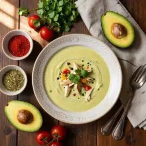 A bowl of creamy chicken tortilla soup garnished with tortilla strips and fresh cilantro.