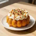 Pumpkin Poke Cake Recipe 4 A close-up of a slice of pumpkin poke cake topped with whipped cream and caramel drizzle.