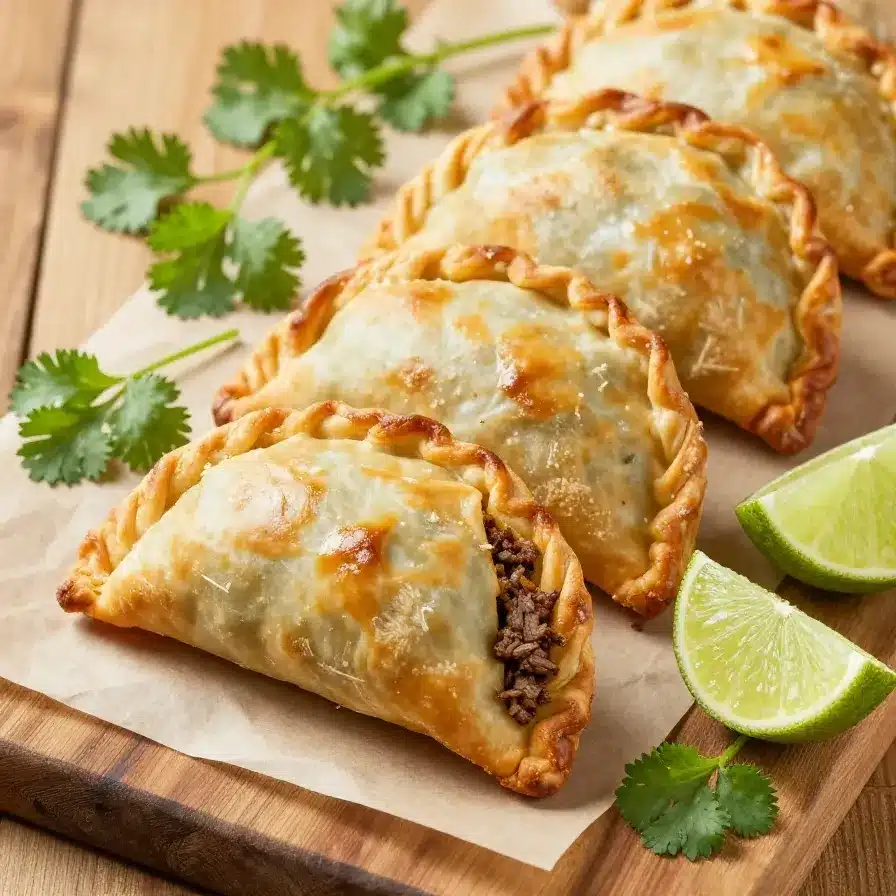 Beef Empanadas 5 Golden-brown beef empanadas served on a wooden plate with a side of dipping sauce.