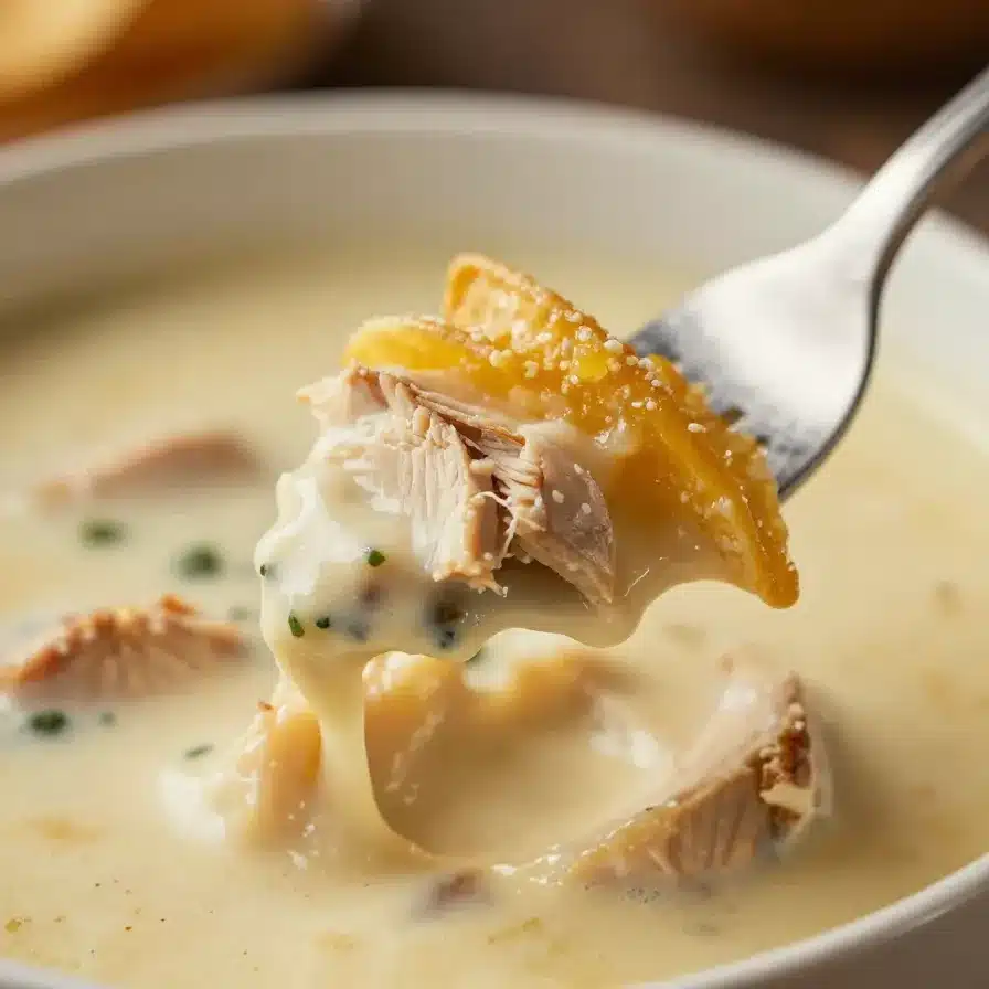 A bowl of creamy chicken tortilla soup garnished with tortilla strips and fresh cilantro.