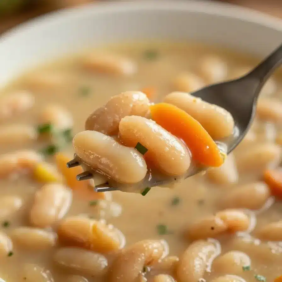 A bowl of vegan Tuscan white bean soup garnished with fresh parsley and served with crusty bread.