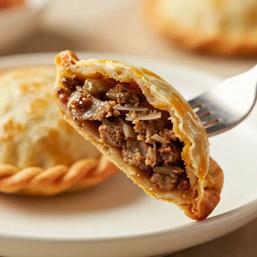 Delicious golden-brown beef empanadas on a white plate