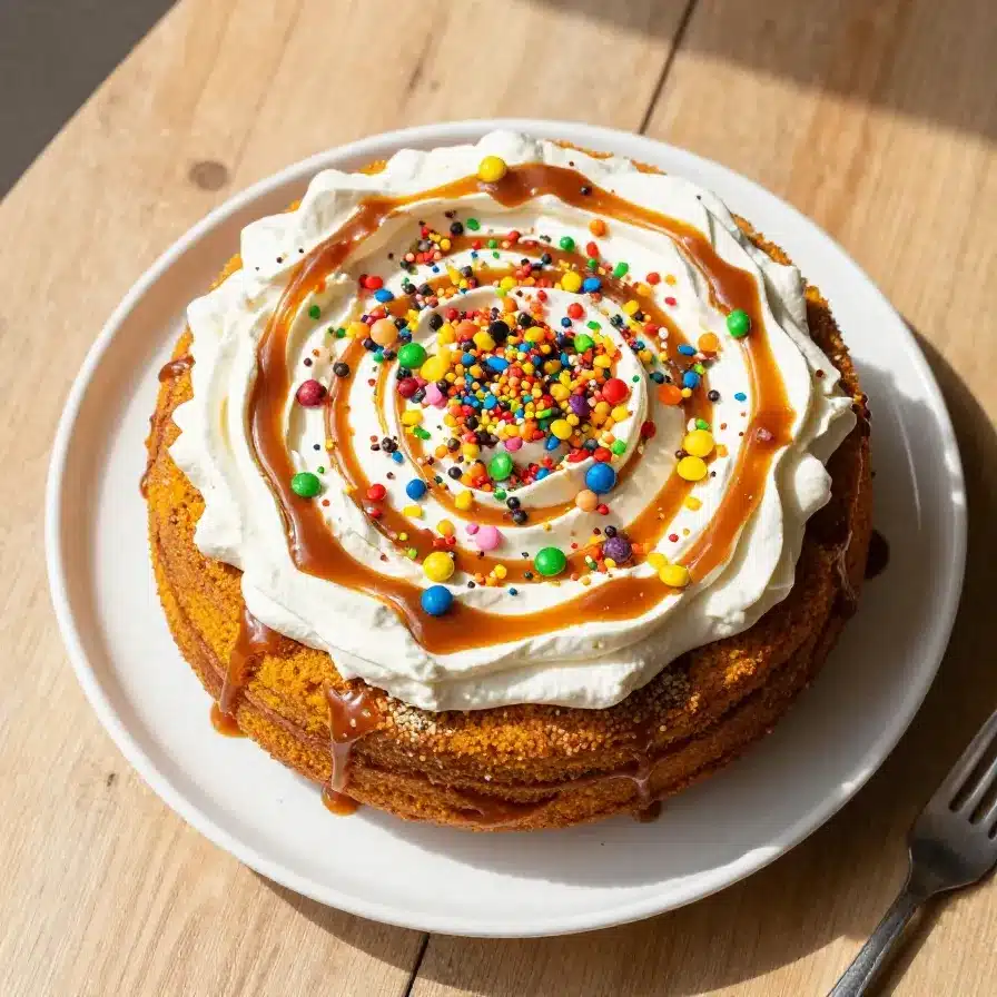 Pumpkin Poke Cake Recipe 5 A close-up of a slice of pumpkin poke cake topped with whipped cream and caramel drizzle.