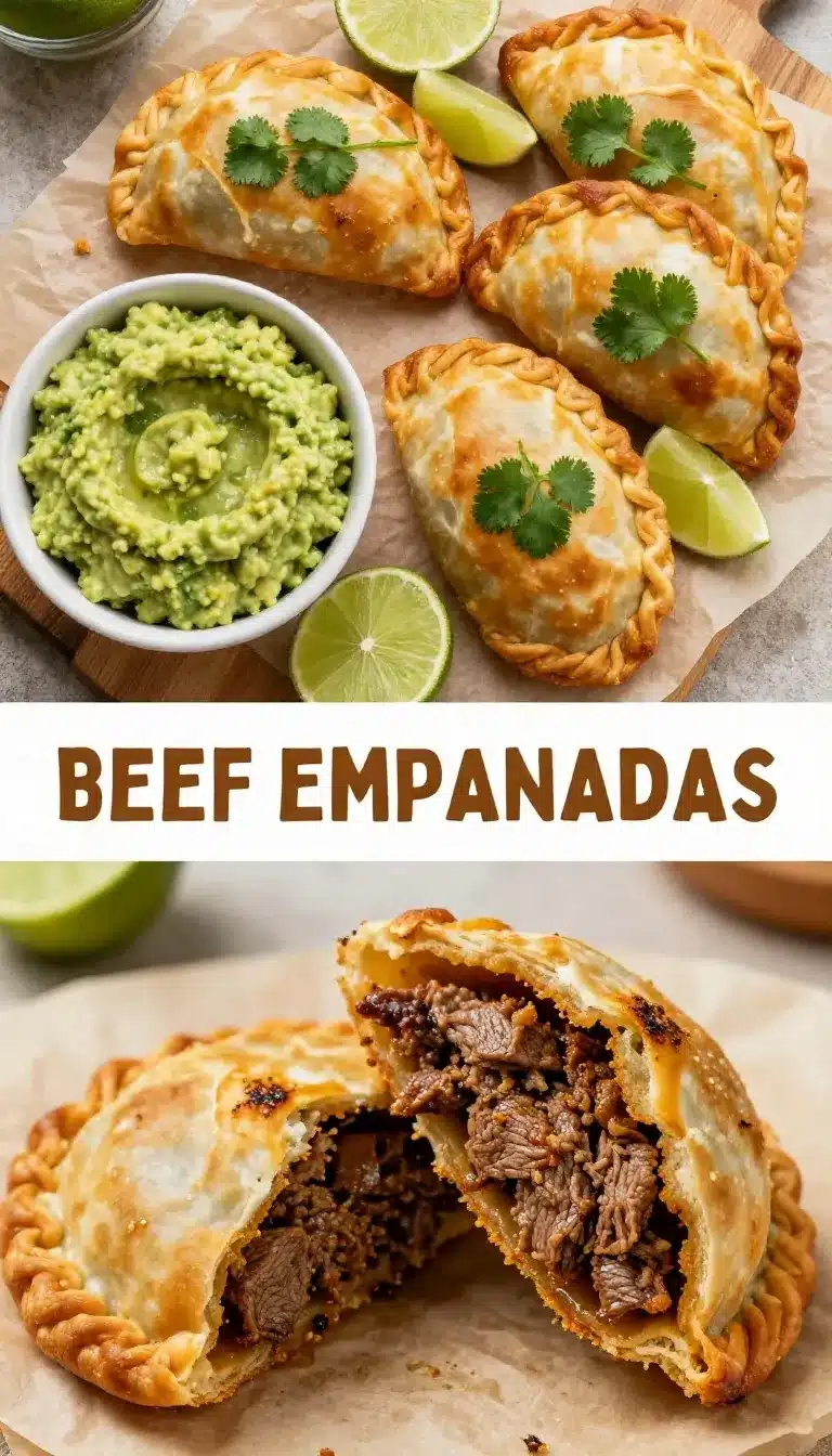 Beef Empanadas 9 Golden-brown beef empanadas served on a wooden plate with a side of dipping sauce.