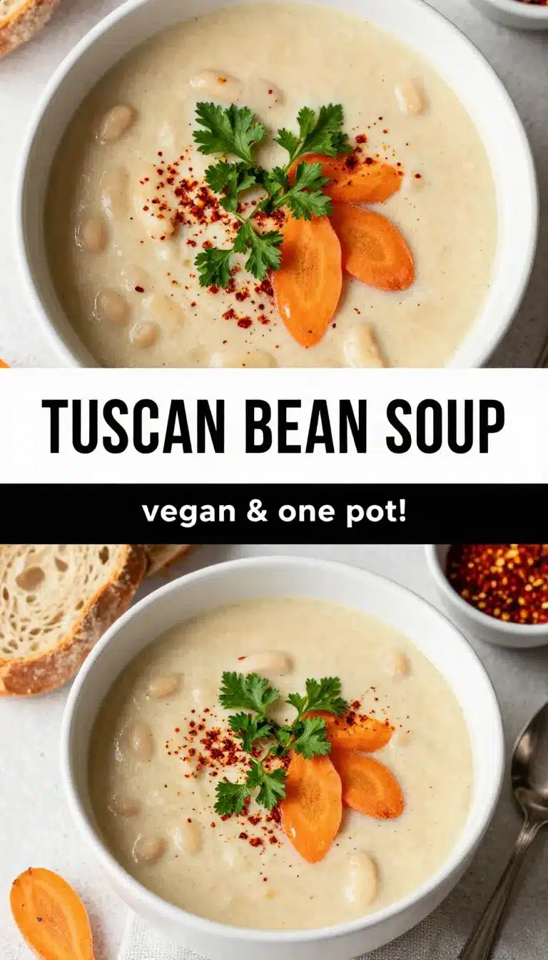 A bowl of vegan Tuscan white bean soup garnished with fresh parsley and served with crusty bread.