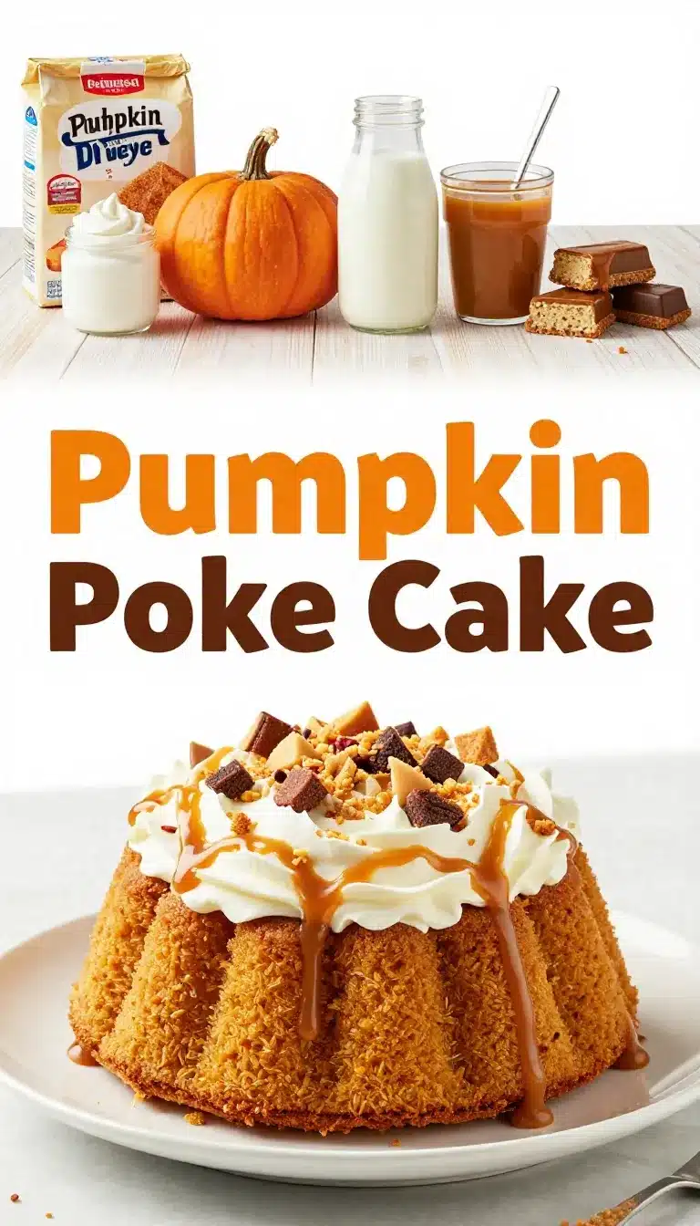 Pumpkin Poke Cake Recipe 9 A close-up of a slice of pumpkin poke cake topped with whipped cream and caramel drizzle.