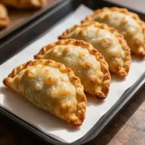 Golden brown beef and cheese empanadas on a wooden platter