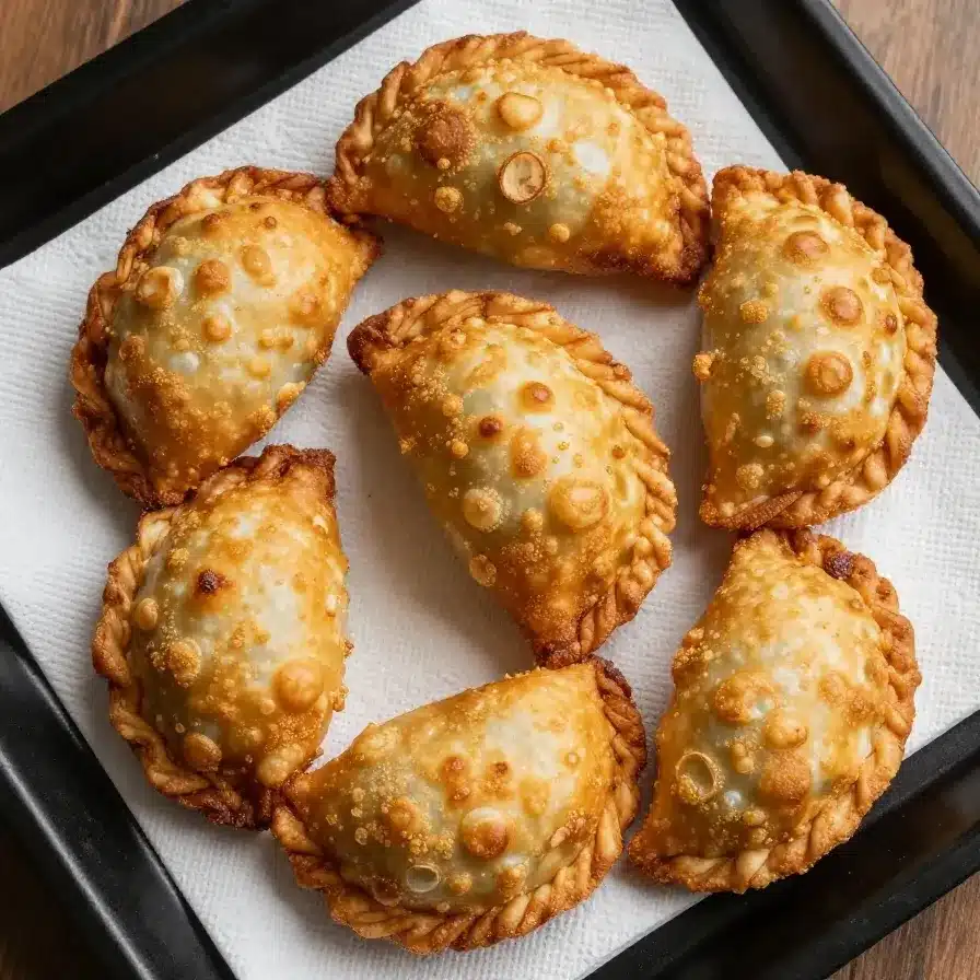 Golden brown beef and cheese empanadas on a wooden platter