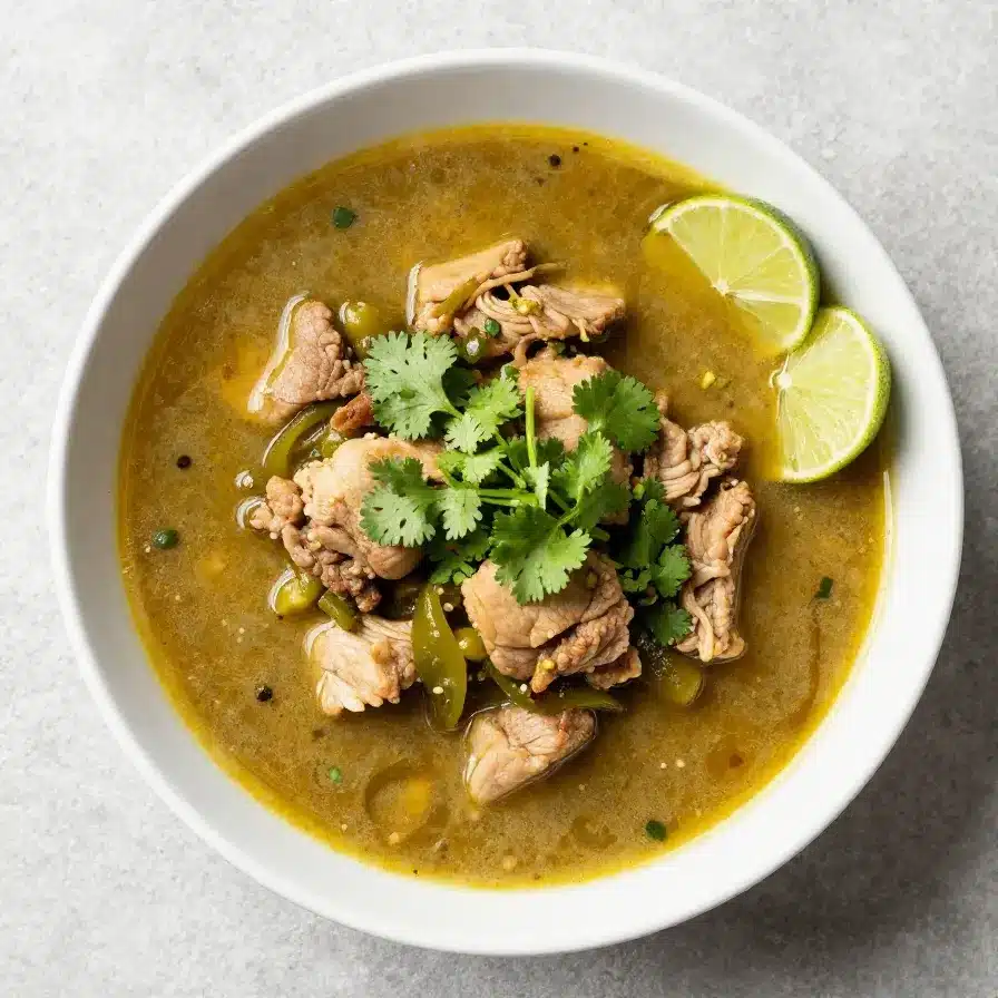 A bowl of Colorado-style pork green chili garnished with fresh cilantro.