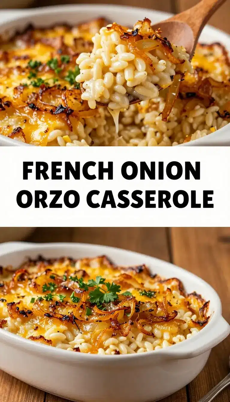 French Onion Chicken Orzo Casserole 9 A close-up of French Onion Chicken Orzo Casserole served in a white baking dish.
