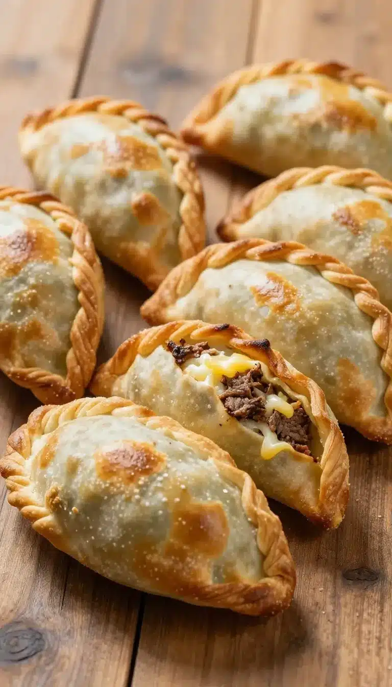 Golden brown beef and cheese empanadas on a wooden platter