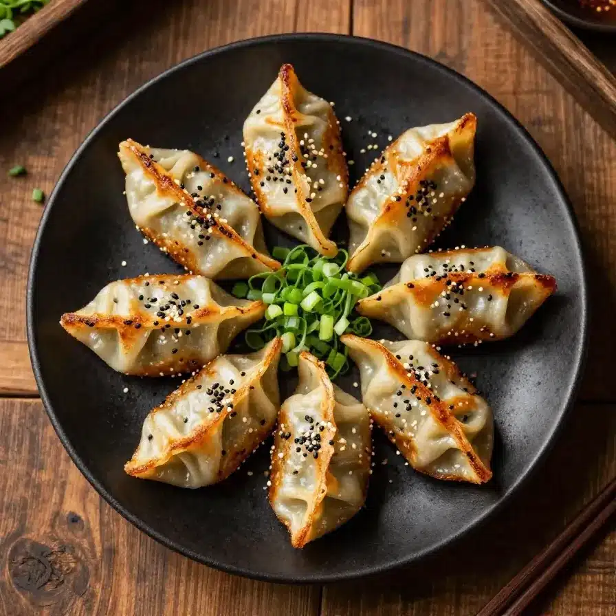 Golden brown beef empanadas served on a wooden platter with dipping sauce.