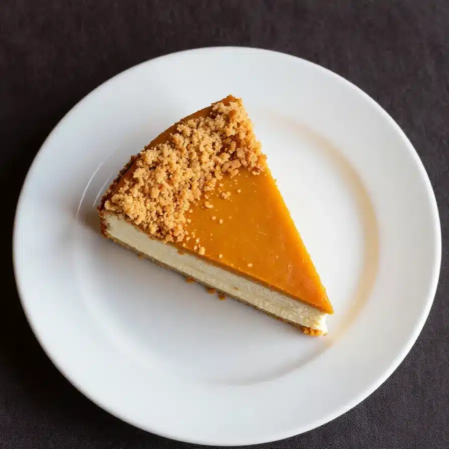A slice of pumpkin crunch cake topped with creamy cream cheese frosting on a white plate.