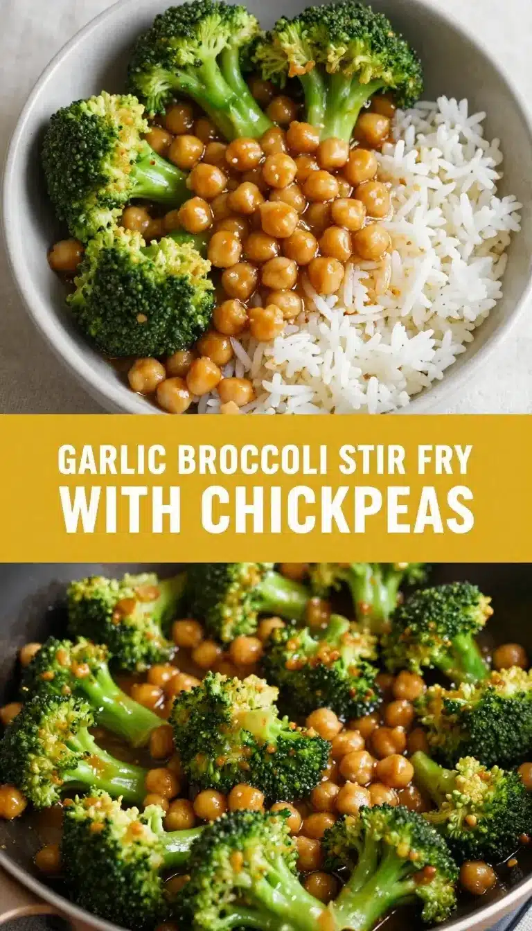 Garlic Broccoli Stir Fry with Chickpeas 9 A plate of garlic broccoli stir fry with chickpeas served on a wooden table.