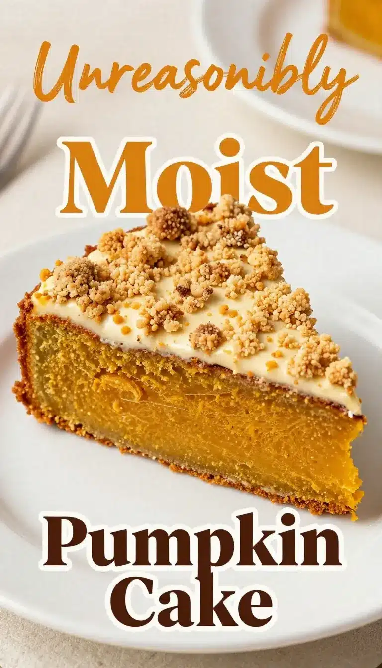 A slice of pumpkin crunch cake topped with creamy cream cheese frosting on a white plate.