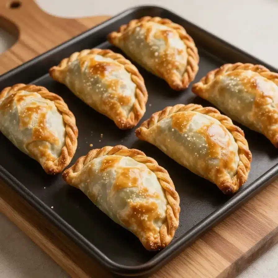 Golden brown chicken empanada on a rustic wooden table
