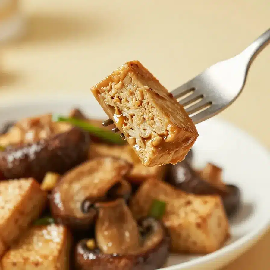 Mushroom and Tofu Stir-Fry 5 A vibrant mushroom and tofu stir-fry served in a white bowl with colorful vegetables.
