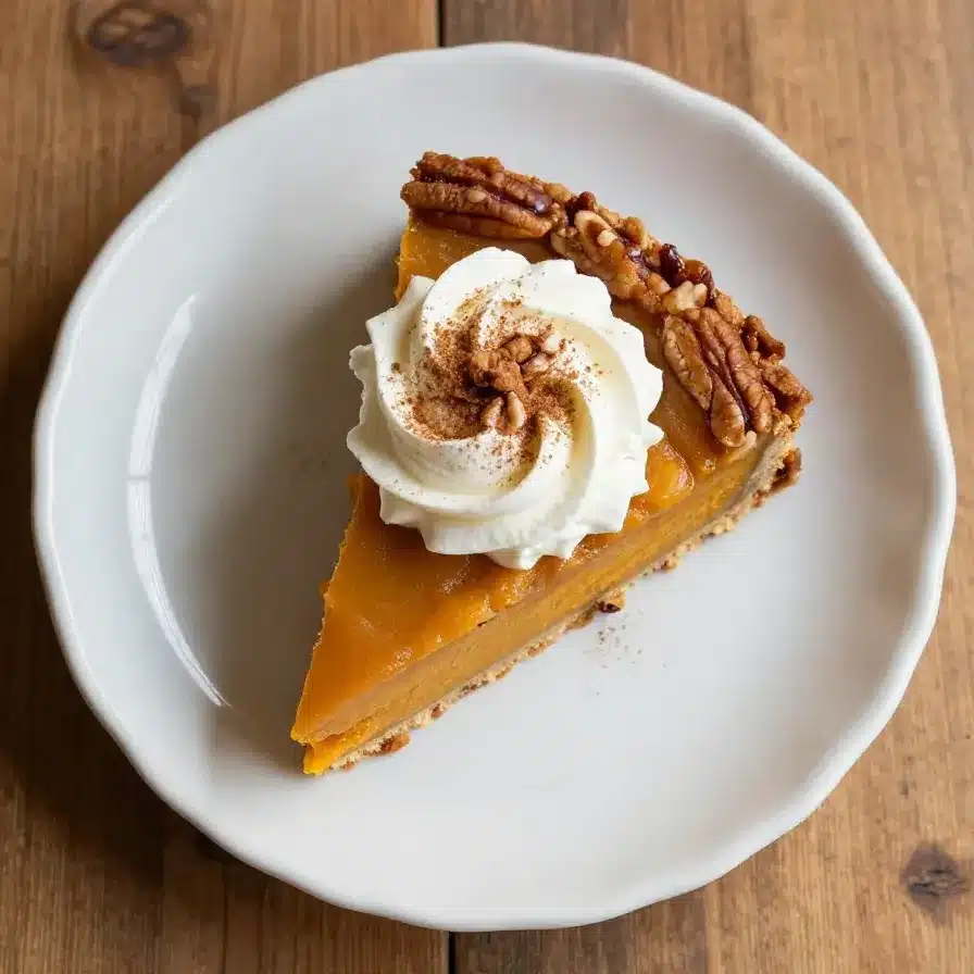A freshly baked pumpkin dump cake served on a wooden table with a fork beside it.