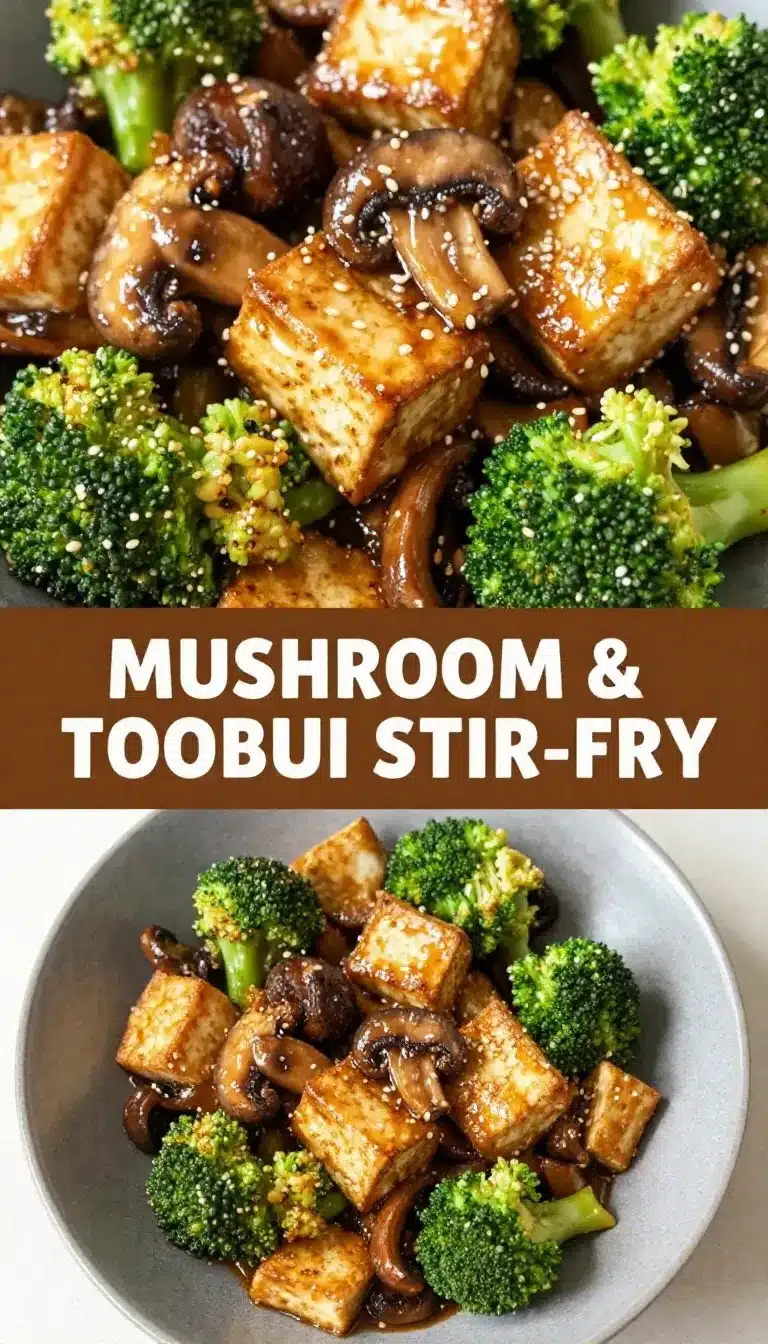 Mushroom and Tofu Stir-Fry 9 A vibrant mushroom and tofu stir-fry served in a white bowl with colorful vegetables.
