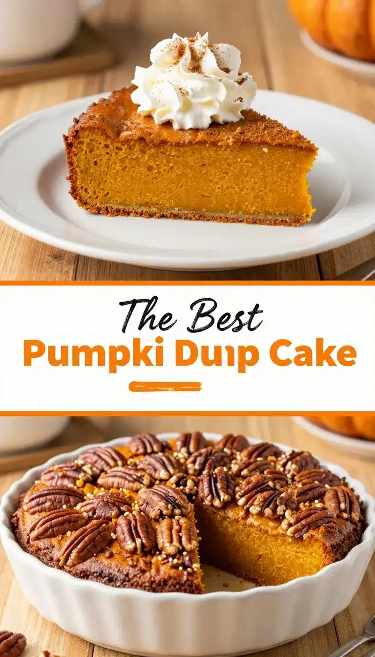 A freshly baked pumpkin dump cake served on a wooden table with a fork beside it.