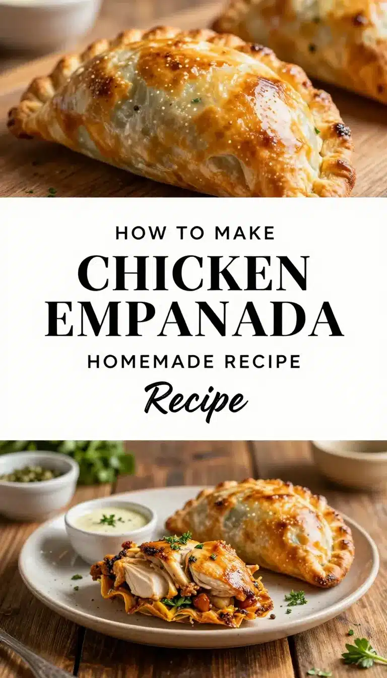 Golden brown chicken empanada on a rustic wooden table