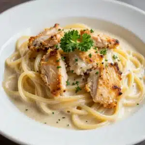 A close-up of rotisserie chicken pasta served in a white bowl, garnished with parsley.