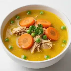A bowl of turmeric chicken soup garnished with fresh herbs on a wooden table.